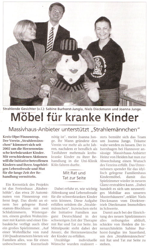 M�bel f�r kranke Kinder - Massivhaus-Anbieter unterst�tzt "Strahlem�nnchen"