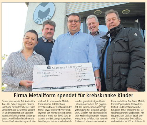 Firma Metallform spendet f�r krebskranke Kinder